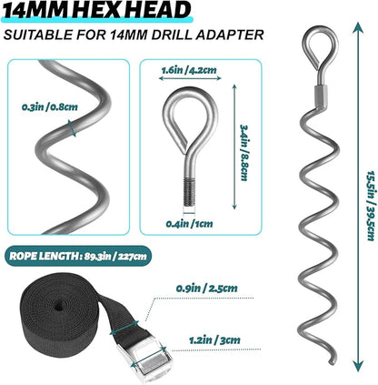 XYADA 15.5 inch Spiral Ground Anchors,6 Packs Heavy Duty Earth Anchors Screw in Spiral Stakes - Shed Anchor Kit for Trampoline, Tent,Garden Fence, Dog Run,Sheds, Swings, Canopies(Silver)