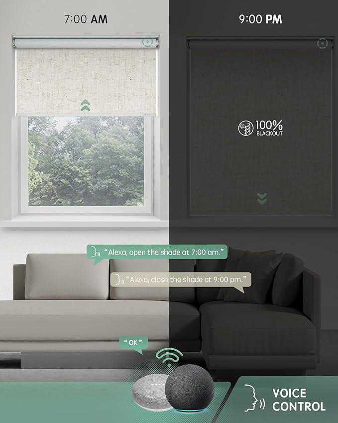Yoolax Linen Beige Blackout Smart Blinds, Motorized Roller Shades, Compatible