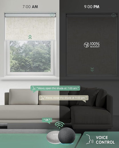 Yoolax Linen Beige Blackout Smart Blinds, Motorized Roller Shades, Compatible