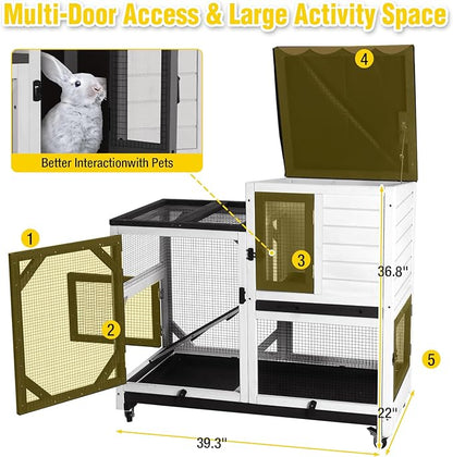 Aivituvin 2-Story Large 39.3" Rabbit Hutch, Opening Roof Bunny Cage with Chew-Proof Ramp, Leak-Proof Tray and Locking Wheels, for 2-4 Rabbits (Black/White)