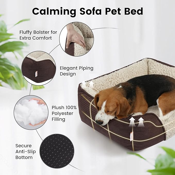 Miguel Washable Dog Bed with Removable Cushion for Medium Small Dogs, Easy to Wash Pet Sofa Bed with Side, Rectangle Bolster Cat Bed Calming Cuddle Puppy Bed with Anti-Slip Bottom, Brown 25 Inch