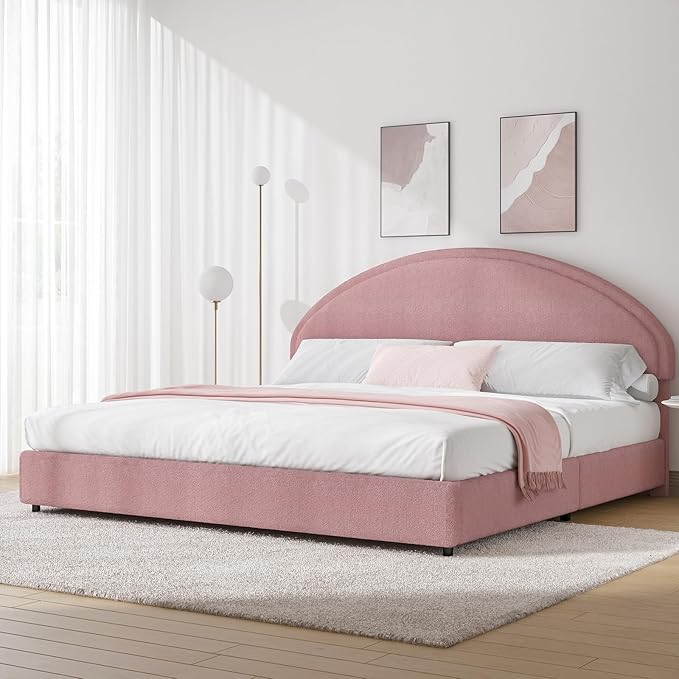 King Size Bed Frame, Boucle Upholstered Platform Bed with Headboard, Soft Bed Frame with Round Conner, No Box Spring Required, Easy Assembly, Pink