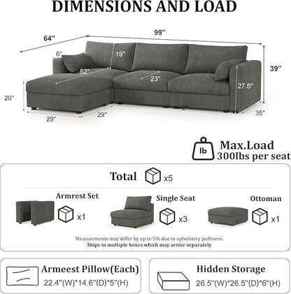 Cloud Modular Sectional Sofa Couch with Storage Ottoman, 99" Oversized Sectional Couches for Living Room, Cloud Modular L-Shaped Sofa with Chaise, 4 Seater, Chenille, Dark Gray