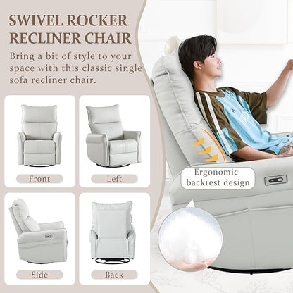 QKFF Power Swivel Rocker Recliner Chair for Nursery, Upholstered 270° Swivel Glider Rocker Chair with USB Ports, Small Power Recliners for Small Spaces Living Room (Light Grey)