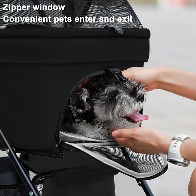 Pet Stroller Pram Dog Carrier Trailer 4 Wheels Foldable Dog with Storage Basket,Holds up to 44 lbs,Adjustable Handle,Folding Travel Stroller Suitable for Traveling with Cats and Dogs (Black)