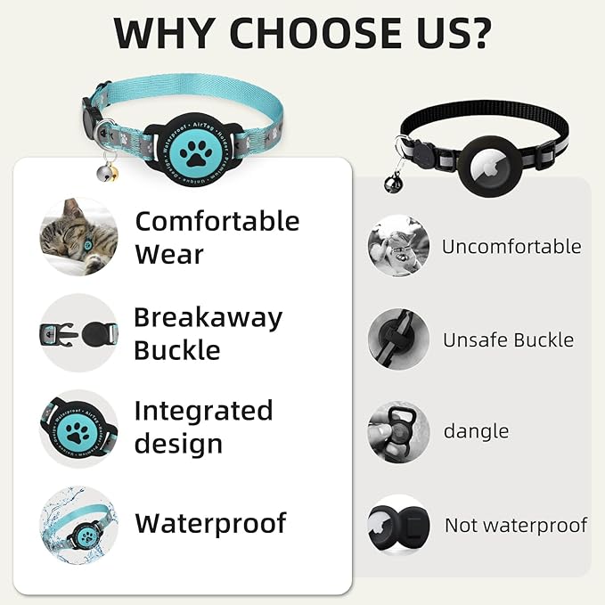 Waterproof Airtag Cat Collar, Reflective Cat Airtag Collar with Bell, Breakaway Cat Collar AirTag Holder, Lightweight Kitten Collar for Apple Air tag, Cat GPS Collars for Girl Boy Cats, Kitten (Teal)