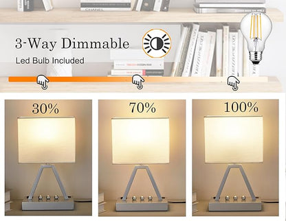 Briever Touch Control Table Lamp, 3-Way Dimmable Desk Lamp with USB C & A and AC Outlet, Bedside Lamp with Phone Stand and Fabric Shade for Bedroom, Living Room, Bulb Included, Silver