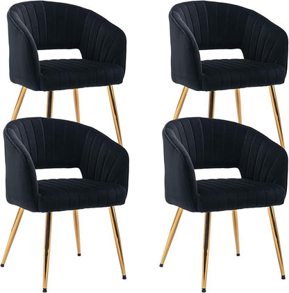 KCC Modern Accent Dining Chairs Set of 4, Upholstered Velvet Dining Room Chairs with Hollow Back, Tufted Kitchen Chairs Side Chairs with Gold Metal Legs for Living Room Restaurant, Black