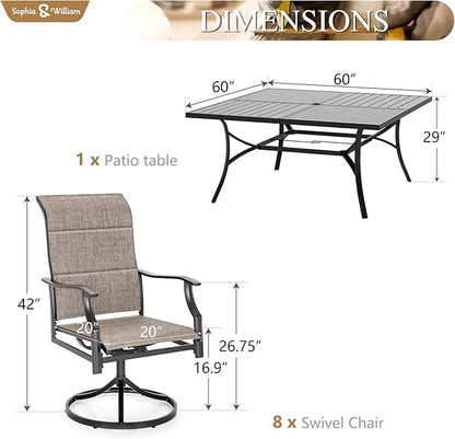 Sophia & William 9 Piece Outdoor Patio Dining Set, Patio Furniture Set with 8 Swivel High Back Patio Dining Chairs and Square Metal Table, All Weather Textilene Fabric for Backyard, Poolside, Balcony