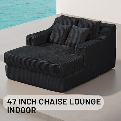 47" Boneless Chaise Lounge Chair Indoor,No Assembly Single Sleeper Upholstered Boneless Couch with 4 Pillows,Comfy Pet Friendly High Weight Capacity Foam for Bedroom,Living Room,Study Room,Black