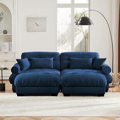 93.7" Loveseat Sofa, 2 Seater Modular Sectional Sofa, Blue Large U Shaped Sectional Couches for Living Room, Fluffy Couch, Love Seat, Velvet Cloud Couch with Ottoman, Deep Seat Sofas for Living Home