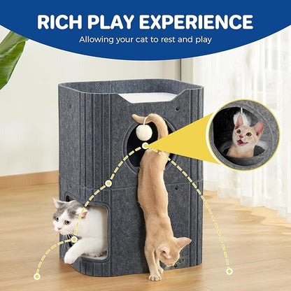 Cat House for Indoor Cats Large Cat Bed Cave 2-Storey Cats Condo with Cozy Felt Covered Hideaway for Multiple Pets Dark Grey
