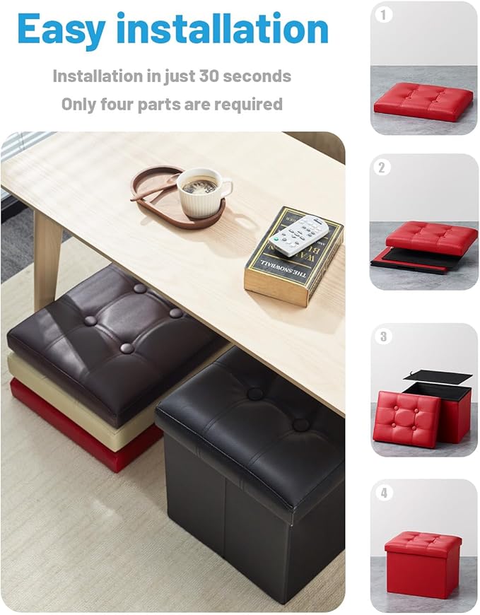 AmasSmile Red Storage Ottoman Folding Foot Rest Stool with Side Pocket, 16 inch Leather Footstool Bench, Short Ottoman Bench, Storage Foot Rest Store, Books