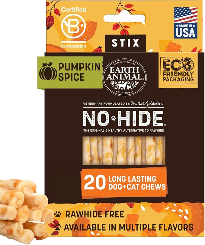 Earth Animal No Hide Stix - Long Lasting Rawhide Free Small Dog Chews Sticks, Pumpkin Spice - 20 Count Value Pack