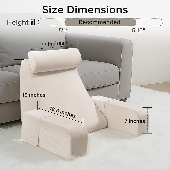 ENITYA 19" Back Pillow for Bed Sitting up, Big Pockets and Washable Removable Cover, Reading Chair for Watching TV/Reading/Gaming/Resting in Bed, Couch or Floor, Medium(Ivory)