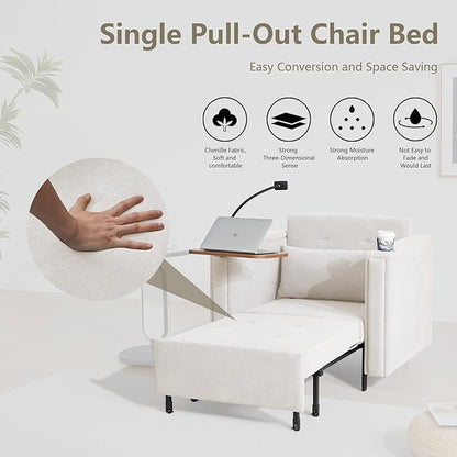 ORRD Pull Out Sofa Chair Bed, 2-in-1 Multi-Functional Sleeper Couch Small Loveseat Bed with Hidden Side Table, Phone Holder and Cup Holder for Living Room, Small Space, Apartment (White)