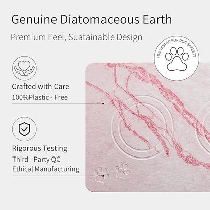 Diatomite Stone Pet Feeding Mat for Dog Cat Super Absorbent Diatomite Quick Drying Stone Dog Food Water Mat, Dog Mats for Food and Water with Non-Slip Station, Fast Dry Pet Mats, Marble Pink