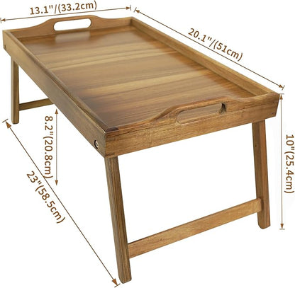 Utoplike Acacia Bed Tray Table for Eating, Large Breakfast Tray with Folding Legs, Wood Serving Trays for Laptop Working