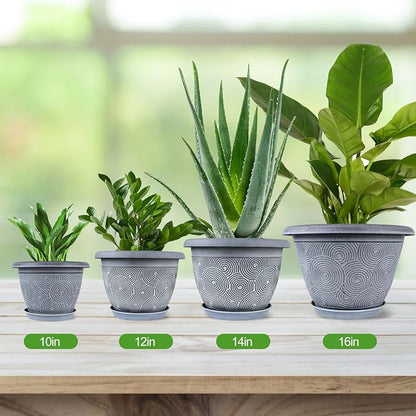 16 Inch Large Planter Pot for Plants Indoor Outdoor, 4 Pack Plastic Flower Pots with Drainage Hole & Tray, Modern Decorative Garden Pot with Saucer, Plant Container for House