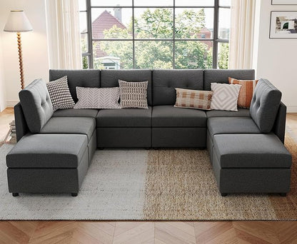 LINSY HOME Modular Sectional Sofa Oversized, Removable Cover Living Room Couches with Storage Deep Seat & Ottoman Chaise L/U Shaped Sofa Modern Couch (Dark Grey, 6 Seats & 2 Ottomans)