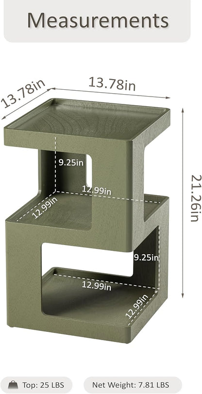 COZAYH Farmhouse Geometric Wood End Table, Distressed Accent Side Table with Two Storage Space, 3-Layer Cube Design for Bedroom, Living Room, Entryway, Green