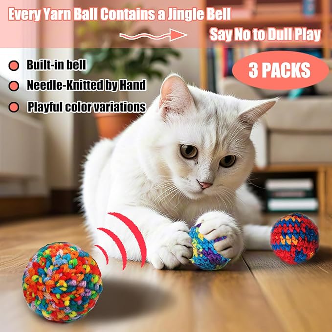 6 Pack Cat Toys Balls - 3 Jingle Bell Ball & 3 Soft Pom Pom Balls, Interactive Kitten Toys for Hunting/Kicking, Handmade, Small 1.8” & Large 2.1” for Adult Cats/Kittens