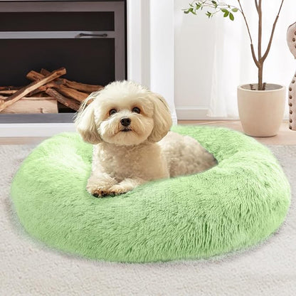 JOLLYVOGUE Calming Dog Bed for Small Dogs - 23 inches Donut Washable Small Dog Bed for Kittens & Puppies, Anti-Slip Round Fluffy Plush Faux Fur Cat Beds (Fits up to 25 lbs Pets, Light Green)