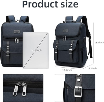 YALUNDISI Vintage Backpack Travel Laptop Backpack with usb Charging Port for Women & Men College Backpack Fits 15.6 Inch Laptop Blue