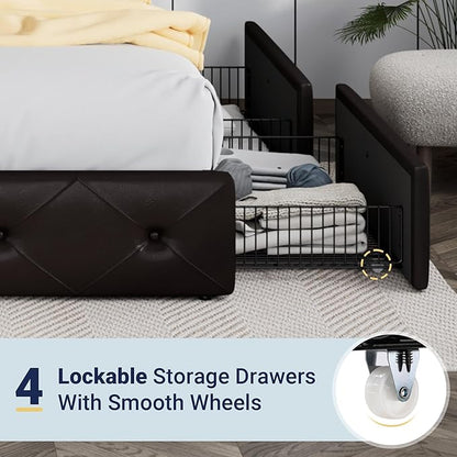 Allewie Upholstered Queen Size Platform Bed Frame with 4 Storage Drawers and Headboard, Diamond Stitched Button Tufted, Mattress Foundation with Wooden Slats Support, No Box Spring Needed, Black Brown
