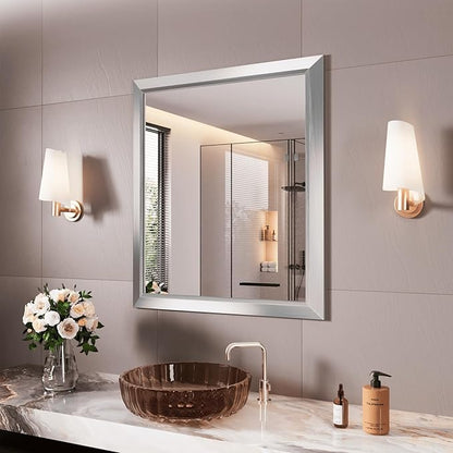 Amorho Bathroom Mirror, 28x32 Inch Silver Thick Metal Framed Wall Mirrors