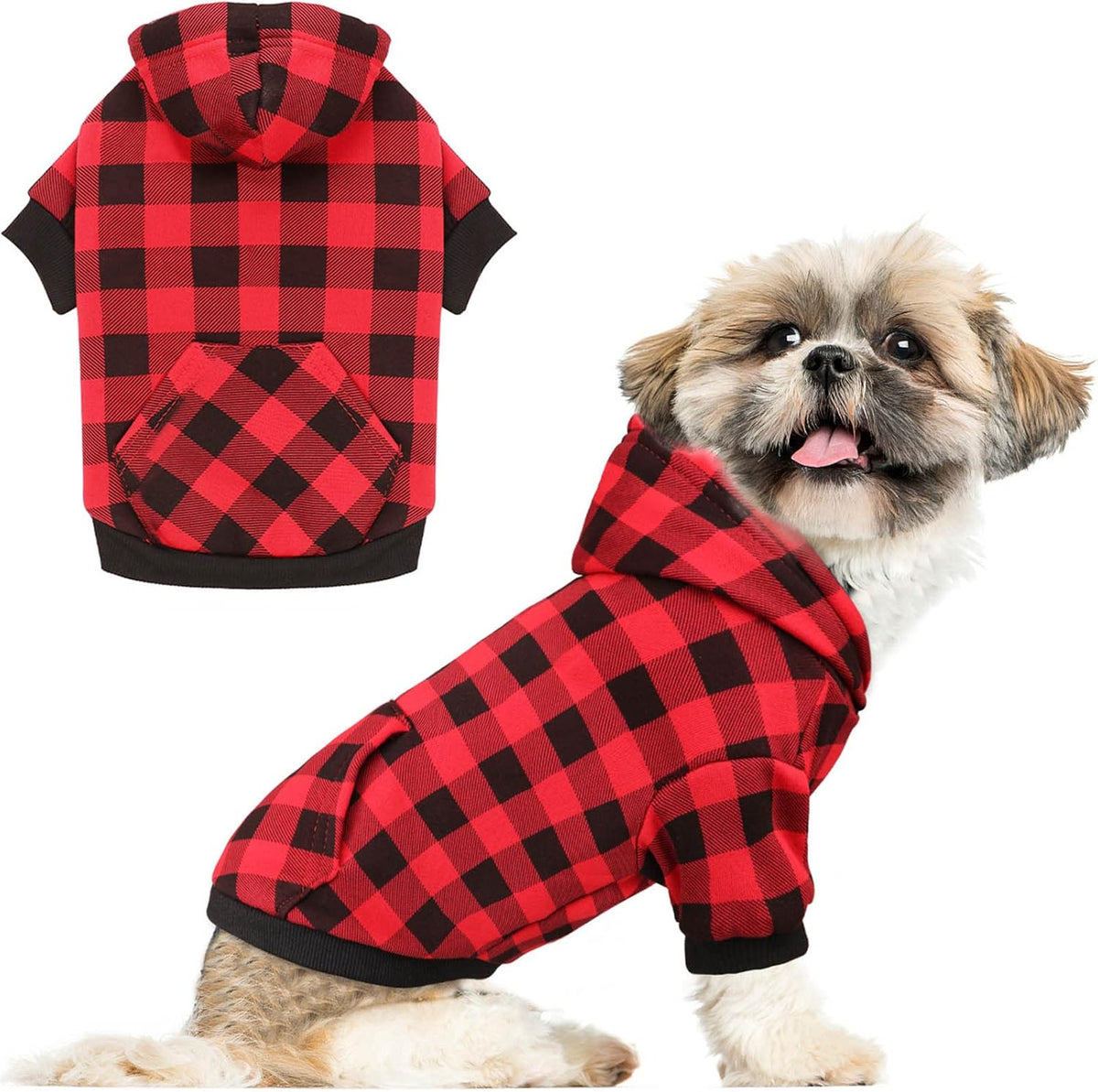Dog Sweater Red Buffalo Plaid Pet Clothes Warm and Soft Breathable Cozy Small Pet Hoodies Dog Sweaters for Small Dogs with Pocket(S)