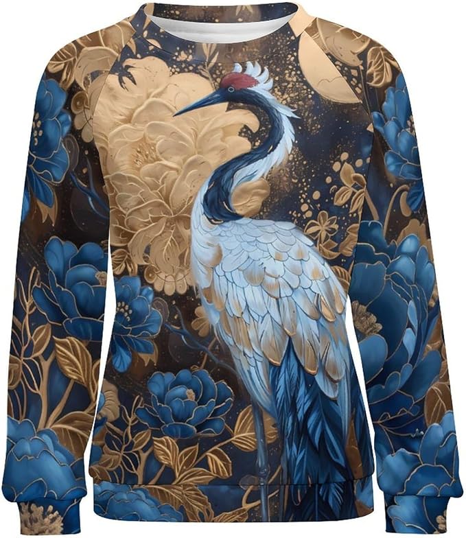 Womens Long Sleeve Tops Y2k Japanese Art Print Sweatshirts Fall Pullover for Women Crewneck Vintage Shirts Boho Tops