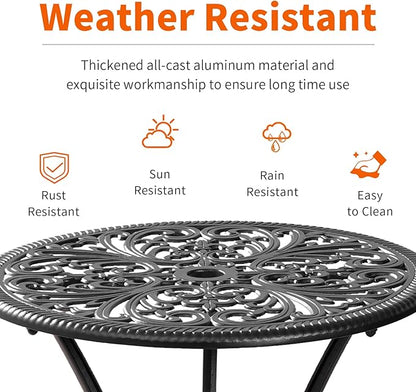Withniture Bistro Set 3 Piece Outdoor, Bistro Table and Chairs Set of 2, All Weather Patio Bistro Set with Umbrella Hole, Patio Set for Garden, Black