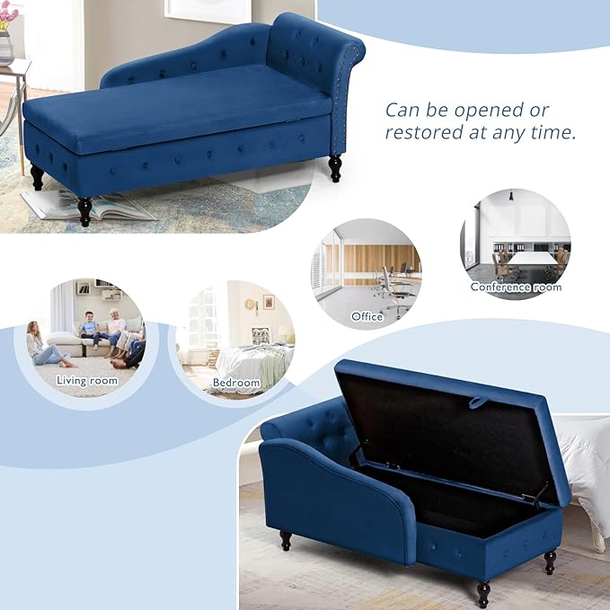 ACMEASE Upholstered Chaise Lounge with Right Armrest & Lumbar Pillow,Button Tufted Lounge Sofa with Storage,Lounge Chair Indoor,Modern Velvet Lounge Chair for Bedroom, Living Room and Office,Blue