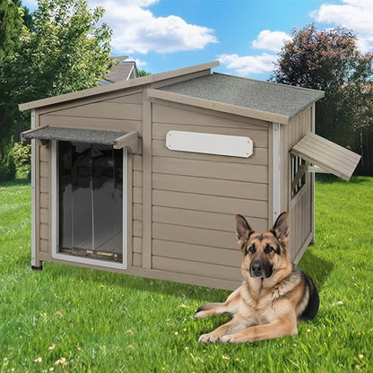 Large Outdoor Wooden Dog House, Weatherproof Dog Houses with Adjustable Vent Windows, Alloy Chew-Resistant Frame, Removable Floor for Medium & Large Dogs, (43.5" L x 29.5" W x 33.5" H)