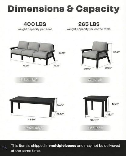 Patio Kingdom HDPE 7 Piece Patio Furniture Set, HDPE Outdoor Sectional with with Gray Thick Cushions, Coffee Table and Side Table, Patio Conversation Sets for Lawn, Garden, Porch (Black Frame)