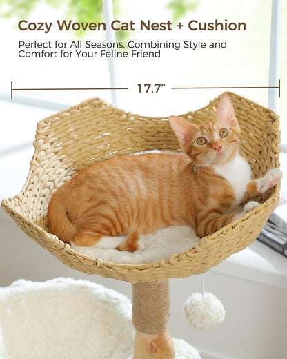 Modern Cat Tree for Large Cats, Wood Cat Tower for Indoor Cats, Real Branch Luxury Cat Furniture with Super Large Cozy Condo and Hammock & Scratching Post, Top Basket, White