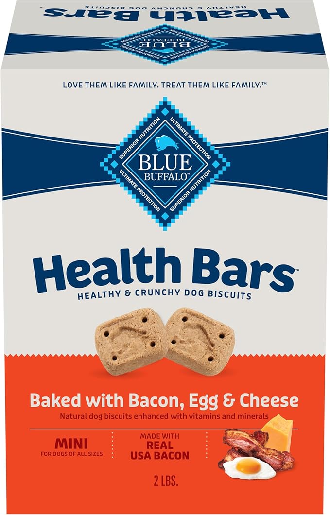 Blue Buffalo Mini Health Bars Crunchy Dog Biscuits, Oven-Baked With Natural Ingredients, Bacon, Egg & Cheese, 2-lb Box