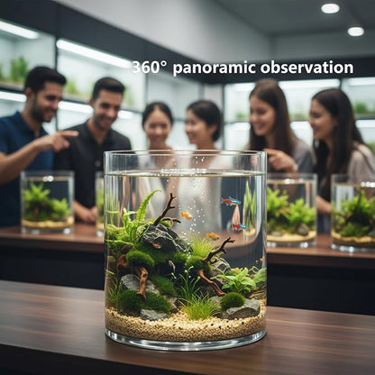 Maxdot 2.5 Gallon Cylindrical Glass Fish Tank Solid Base, 360° Full View Desktop Aquarium Starter, Easy to Maintain Small Microfauna for Betta Snails Shrimp Aquatic Planting and Small Plant Terrarium