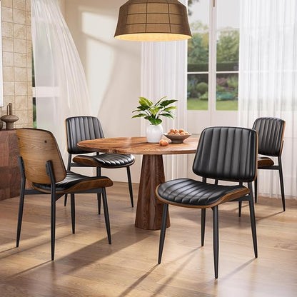YaFiti Dining Chairs Set of 2, FSC Certified Mid Century Modern Dining Room Kitchen Chairs, Upholstered PU Leather Vertical Stripe Chairs for Vanity with Walnut Bentwood and Metal Legs, Black