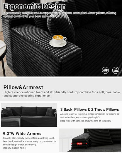 105 Inch Cloud Sectional Couch,Modern Modular Sectional Sofa with Deep Seat,Corduroy Boneless Couches with L-Shape Chaise for Living Room Bedroom,No Assembly Required (Black, Left Facing Chaise)