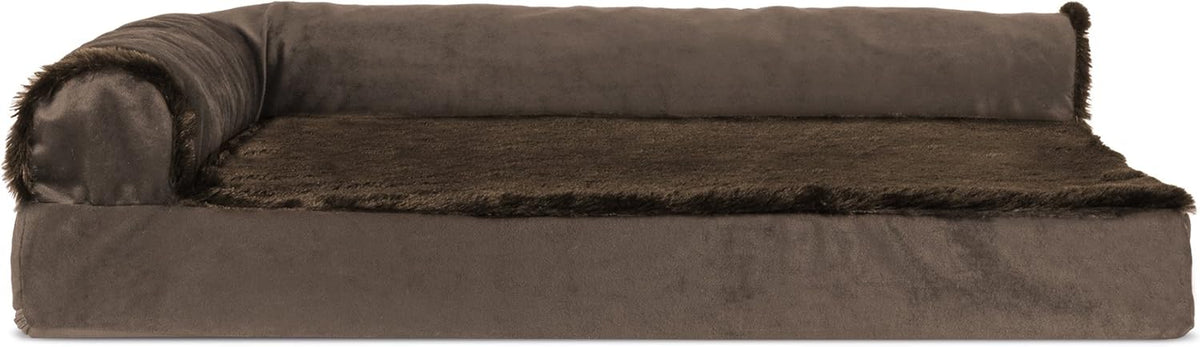 Furhaven Cooling Gel Dog Bed for Medium/Small Dogs w/ Removable Bolsters & Washable Cover, For Dogs Up to 35 lbs - Plush & Velvet L Shaped Chaise - Sable Brown, Medium