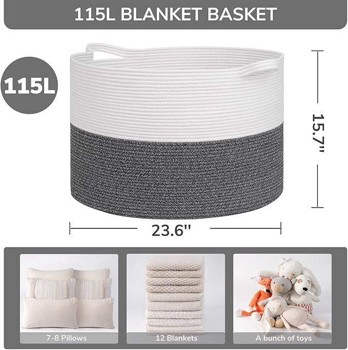 INDRESSME 115L Extra Large Cotton Rope Blanket Basket, Woven Baby Laundry Baskets for Clothes Pillows Towel, Toy Baksets for Kids, White & Gray