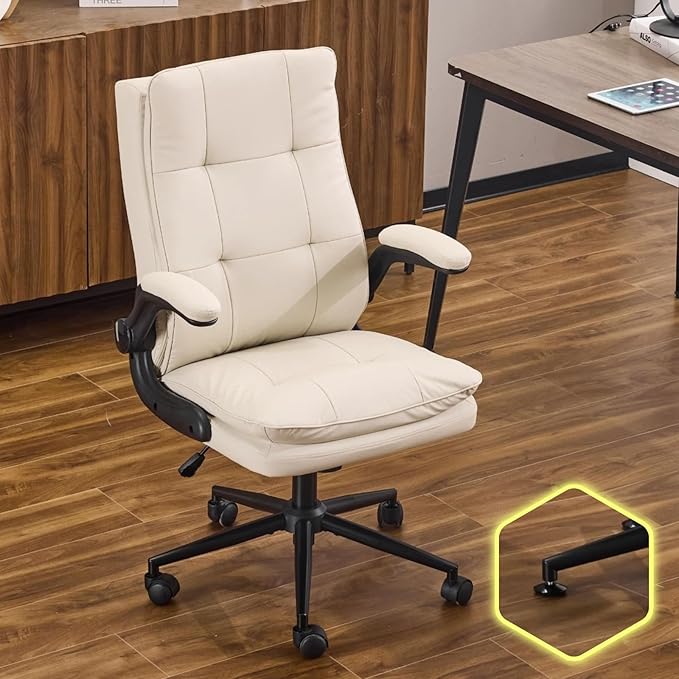 VINGLI Comfy Beige Leather Office Desk Chair, High-Back Support Ergonomic Computer Task Gaming Chair,with Removable wheels,360° Swivel,Adjustable Height,Flip-Up Arms,for Adults,Teen,Vanity,Home Office