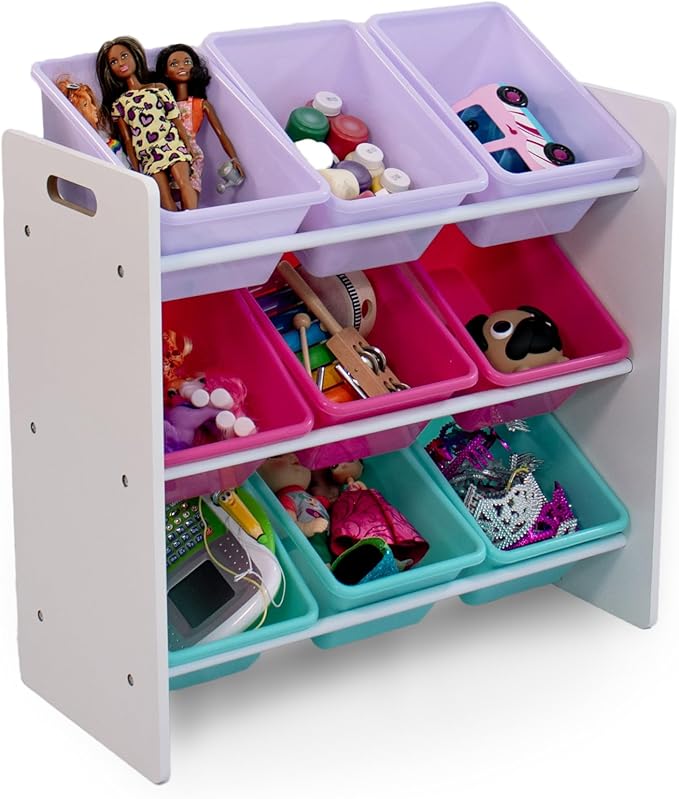 Humble Crew 9-Bin Toy Organizer – Forever Natural White/Pink/Purple/Aqua Plastic Bins, 3-Tier Storage Solution for Kids' Playrooms and Nurseries