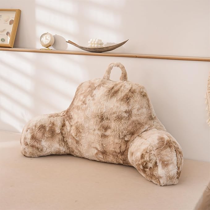 A Nice Night Faux Fur Soft Reading Pillow Bed Wedge Adult Backrest with Arms Back Support for Sitting Up in Bed/Couch for Bedrest, Tie Dyed Khaki