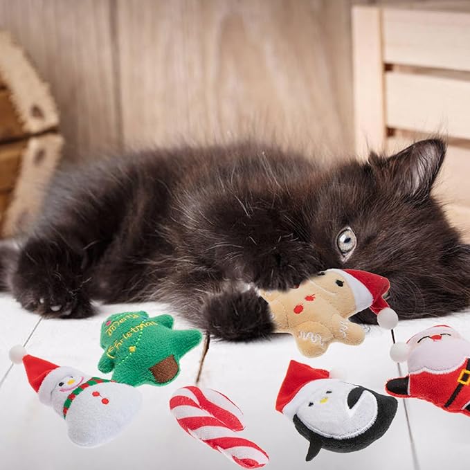 6pcs Christmas Catnip Toy，Indoor Santa Claus Snowman Tree Shaped Cat Toy Plush Interactive Chew Bite Toys for Cat Kitten Indoor Festive Holiday Cat Lover Gift