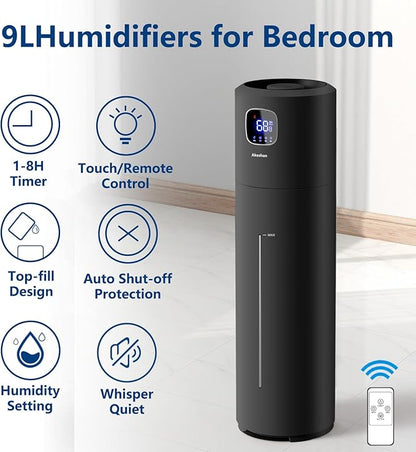 Akeshan Large Humidifiers for Bedroom, 9L/2.5Gal Ultrasonic Cool Mist, Top Fill