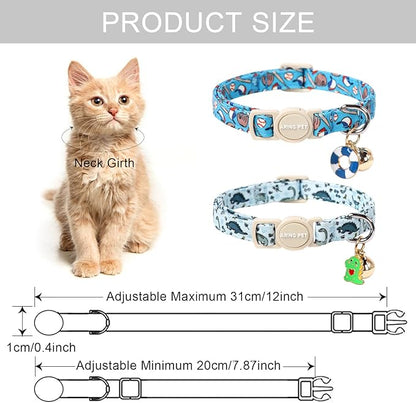ARING PET 2 Pack Cat Collar-Cute Kitty Collars with Bell & Pendant, Adjustable Dinosaur&Baseball Kitten Collars with Safety Buckle for Girl and Boy Pets