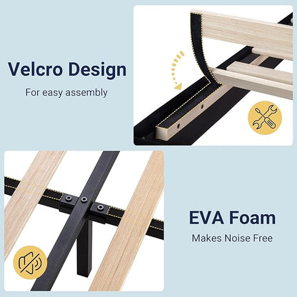 Allewie Twin Size Platform Bed Frame with Velvet Upholstered Headboard and Wooden Slats Support, Fully Upholstered Mattress Foundation/No Box Spring Needed/Easy Assembly, Black